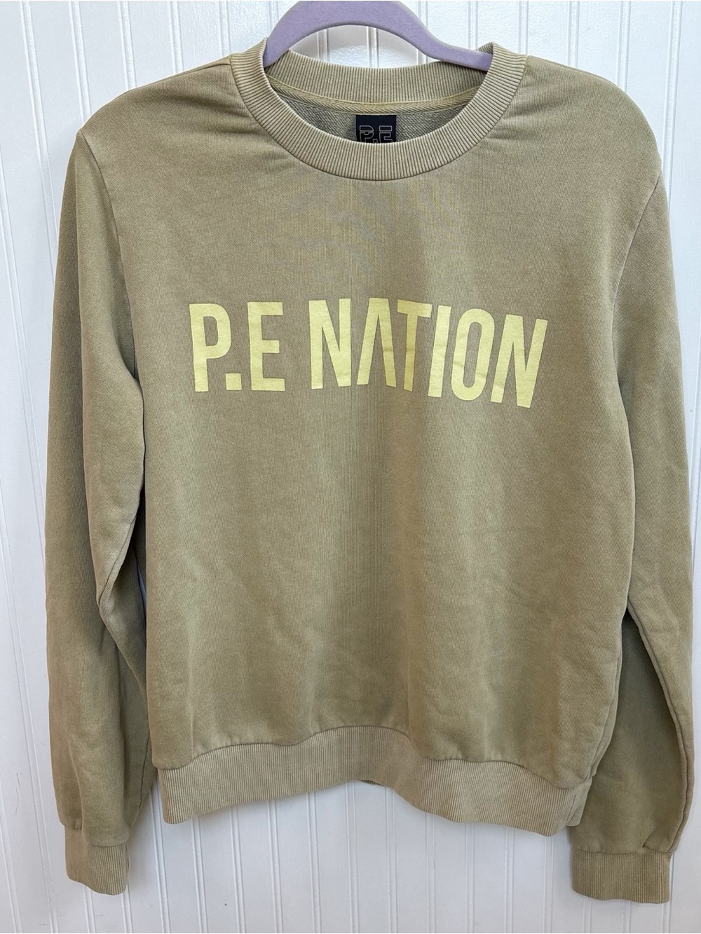 P.E Nation Women’s Lg Olive Green Logo Sweatshirt Organic Cotton Hemp Crewneck